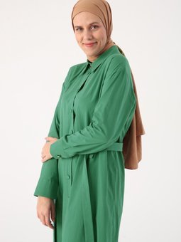 Koyu Yeşil Pamuk Tek Cepli Kuşaklı Uzun Kap