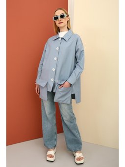 Mavi Asimetrik Cep Detaylı Ceket