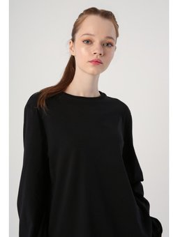 Siyah Bisiklet Yaka Kol Ucu Büzgülü Pamuklu Bluz