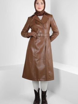 Kemerli Suni Deri Trençkot 10692