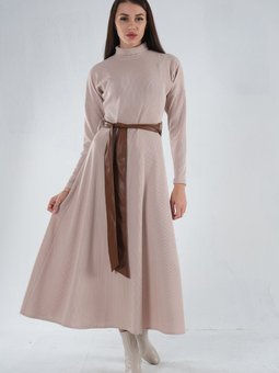 Bej Beli Kemerli Örme Elbise