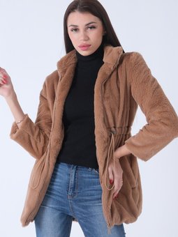 Bej Çift Cepli Fermuarlı Oversize Peluş Ceket