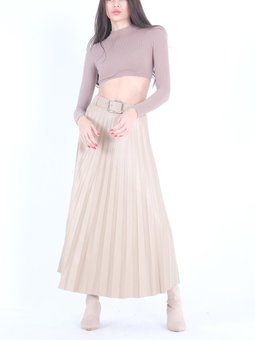 Bej Pliseli Deri Uzun Etek