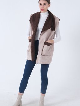 Bej Süet İçi Tüylü Sıfır Kol Yelek