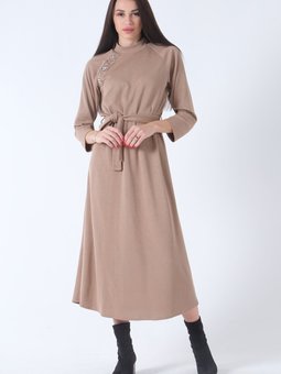 Bej Taş İşlemeli Triko Elbise