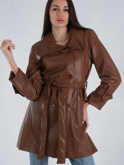 Kahve Aimetrik Yaka Kuşaklı Deri Kap