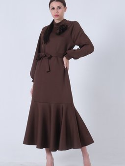 Kahve Bisiklet Yaka Belden Kuşaklı Abiye Elbise