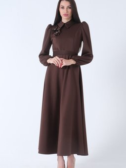 Kahve Kemer Bağlamalı Kloş Elbise