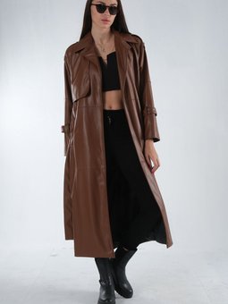 Kahve Kuşaklı Cep Detaylı Uzun Deri Pardesü