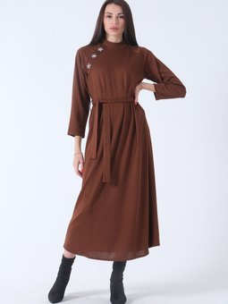 Kahve Taş İşlemeli Triko Elbise