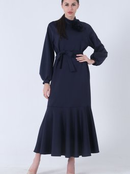 Lacivert Bisiklet Yaka Belden Kuşaklı Elbise