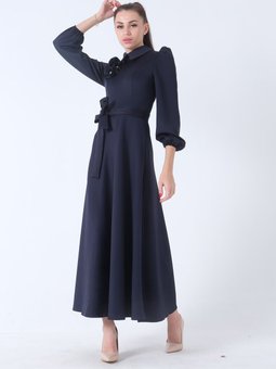 Lacivert Kemer Bağlamalı Kloş Elbise