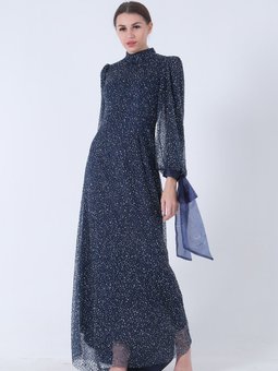 Lacivert Taş İşlemeli Hakim Yaka Fiyonklu Abiye Elbise