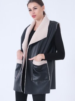 Siyah Deri Biyeli İçi Tüylü Yelek