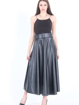 Siyah Piliseli Kalın Kemerli Deri Uzun Etek