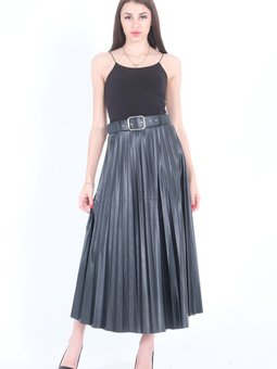 Siyah Pliseli Deri Uzun Etek