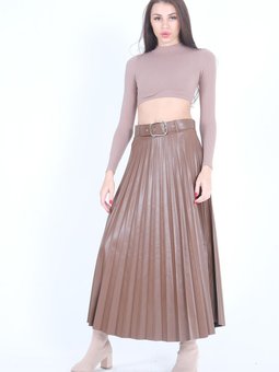 Sütlü Kahve Pliseli Deri Uzun Etek