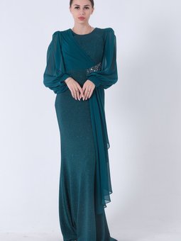 Zümrüt Yeşili Tül Detaylı Simli Abiye Elbise