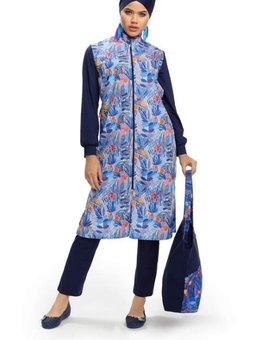 Mavi Yaz Desen Tam Kapalı Mayo