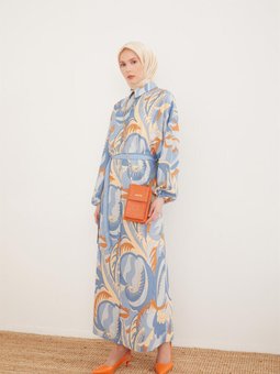 Kemeri Çizgi Garnili Empirme Elbise 23y9622 Mavi