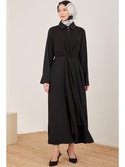 Şifonu Bağlanabilen Taşlı Siyah Pardesü