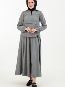 Armine Trend Ekose Desenli Cep Detaylı Fermuarlı Takım Siyah 23kt610