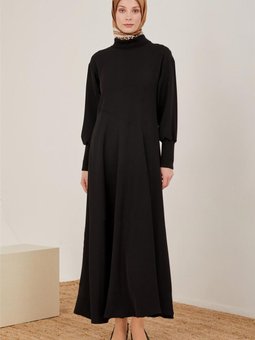 Yakası Ve Kolu Ribanalı Elbise 22k9508 Siyah