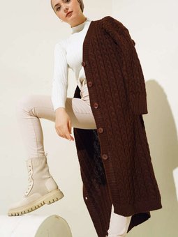 377 Düğmeli Uzun Triko Hırka Kahverengi