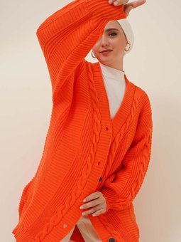6999 Örgü Desenli Önden Düğmeli Hırka Oranj