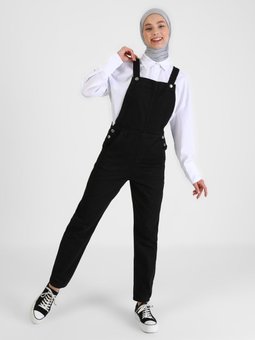 Doğal Kumaşlı Salopet Kot Tulum Siyah