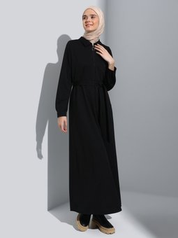 Fermuar Detaylı Şık Kuşaklı Kap / Siyah Pardesü