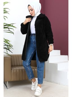 Fermuarlı Peluş Siyah Hırka