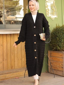 Örgülü Triko Hırka 746 Siyah