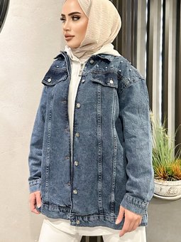 Taş Detaylı Kot Ceket 745 Koyu Mavi