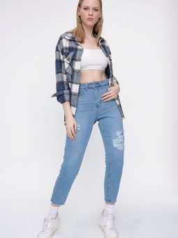 Açık Mavi Lazer Kesim Peçli Jean Kot Pantolon