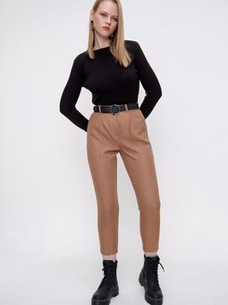 Camel Halka Kemerli Yün Efekt Pantolon