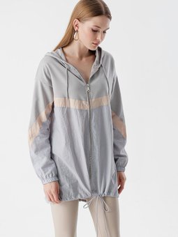 Gri Kapüşonlu Paraşüt Garnili Tunik