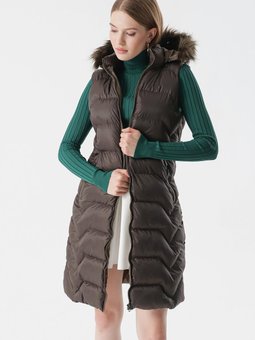 Haki Kürk Kapüşonlu Cepli Uzun Şişme Yelek