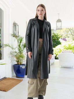 Siyah Beli Kuşaklı Astarlı Uzun Deri Trençkot