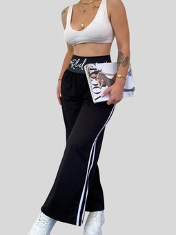 Siyah Beli Lastikli Geniş Paça İki İp Pantolon