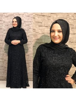 Siyah Güpür Abiye Elbise