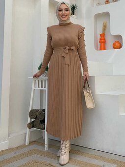 22204 Triko Elbise Taba