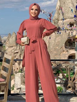 Arka Kısım Parça Detay Bel Kuşaklı Kol Manşetli Tulum 3741 Gül Kurusu