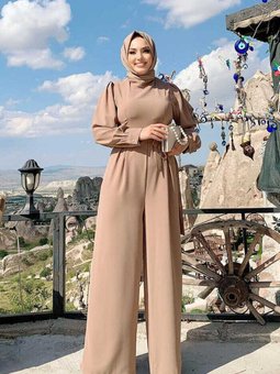 Arka Kısım Parça Detay Bel Kuşaklı Kol Manşetli Tulum 3741 Vizon