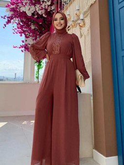 Dantel İşleme Detay Kol Manşetleri Lastikli Şifon Tulum 3730 Gül Kurusu