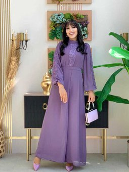 Dantel İşleme Detay Kol Manşetleri Lastikli Şifon Tulum 3730 Lila