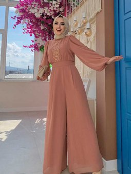 Dantel İşleme Detay Kol Manşetleri Lastikli Şifon Tulum 3730 Somon