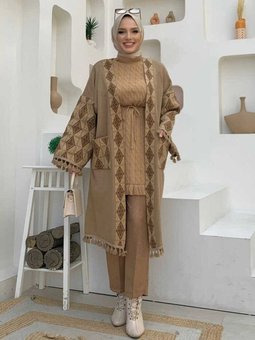 Etnik Desen Cep Detaylı Triko Hırka 1679 Vizon