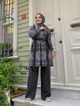 Etnik Desen Püskül Detaylı Triko Hırka 23303 Antrasit