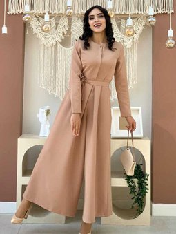 Göğüs Kısmı Gizli Düğme Detaylı Bel Kuşaklı Tulum 3676 Taba